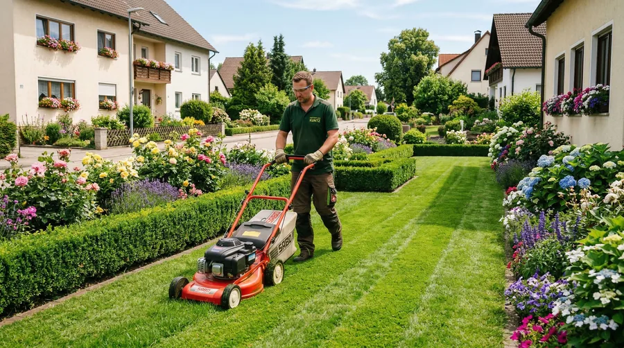 Gartenpflege Bochum – gepflegter Rasen mit Rasenmäher